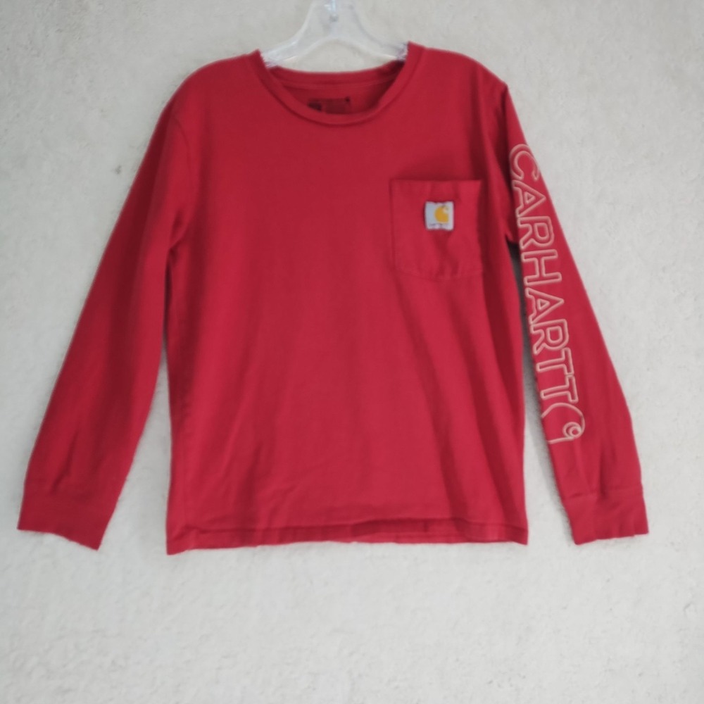 Carhartt Long Sleeve Pocket Shirt Mens L Red Logo Sleeve Work Tee Durable